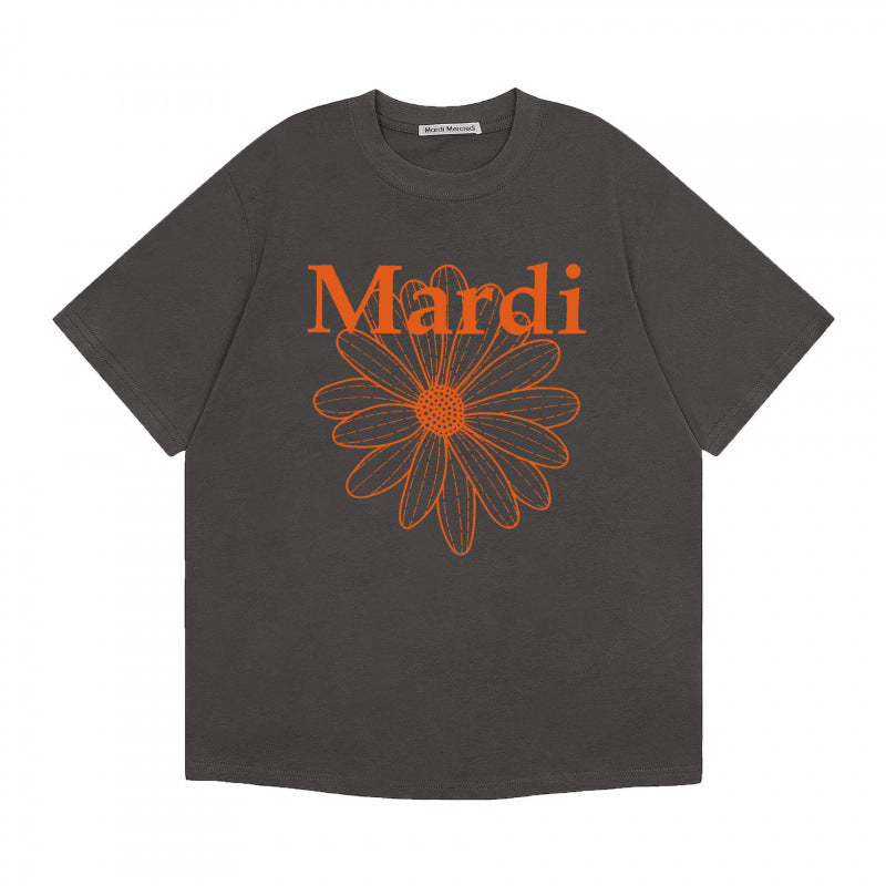 Korean trendy brand short-sleeved small daisy dachshund dog print summer round neck pure cotton gold high silver same loose T-shirt women