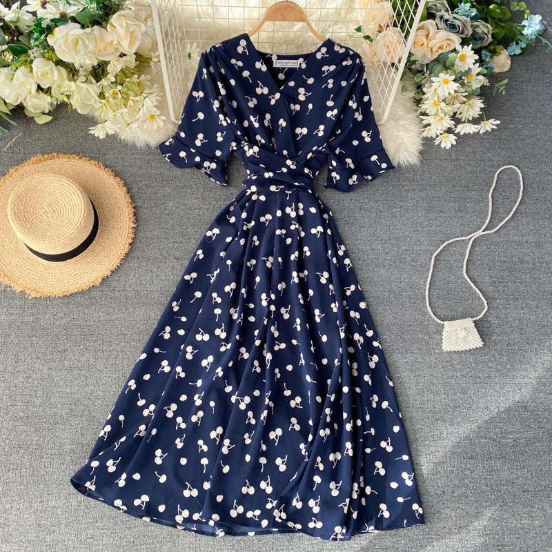 Spring and Summer Women's French Niche Love Pattern V-Neck Short Sleeve Waist Muse Temperament Over Knee Swing Long Dress Dress