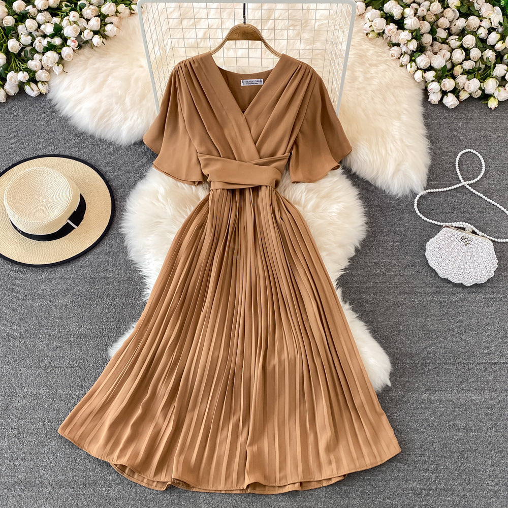 2025 summer new V-neck short-sleeved dress over the knee slim temperament waist lace-up big pendulum pleated long dress