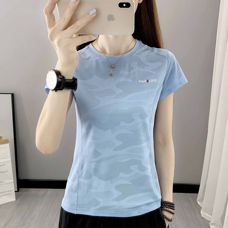 Outdoor quick-drying t-shirt women's sports running fitness loose round neck camouflage thin micro-elastic summer short-sleeved quick-drying clothes