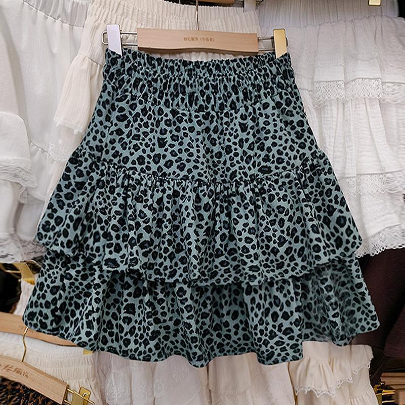 Leopard print short skirt elastic new 2025 spring and summer skirt small high waist pleated skirt short puffy cake