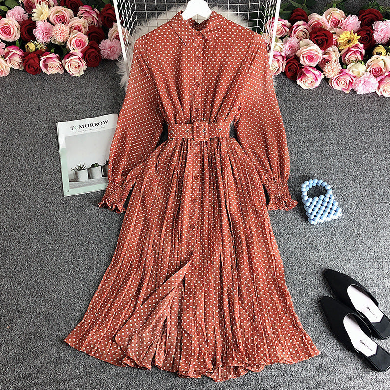 French dress spring 2025 new women's polo collar slim long polka dot chiffon pleated skirt tide
