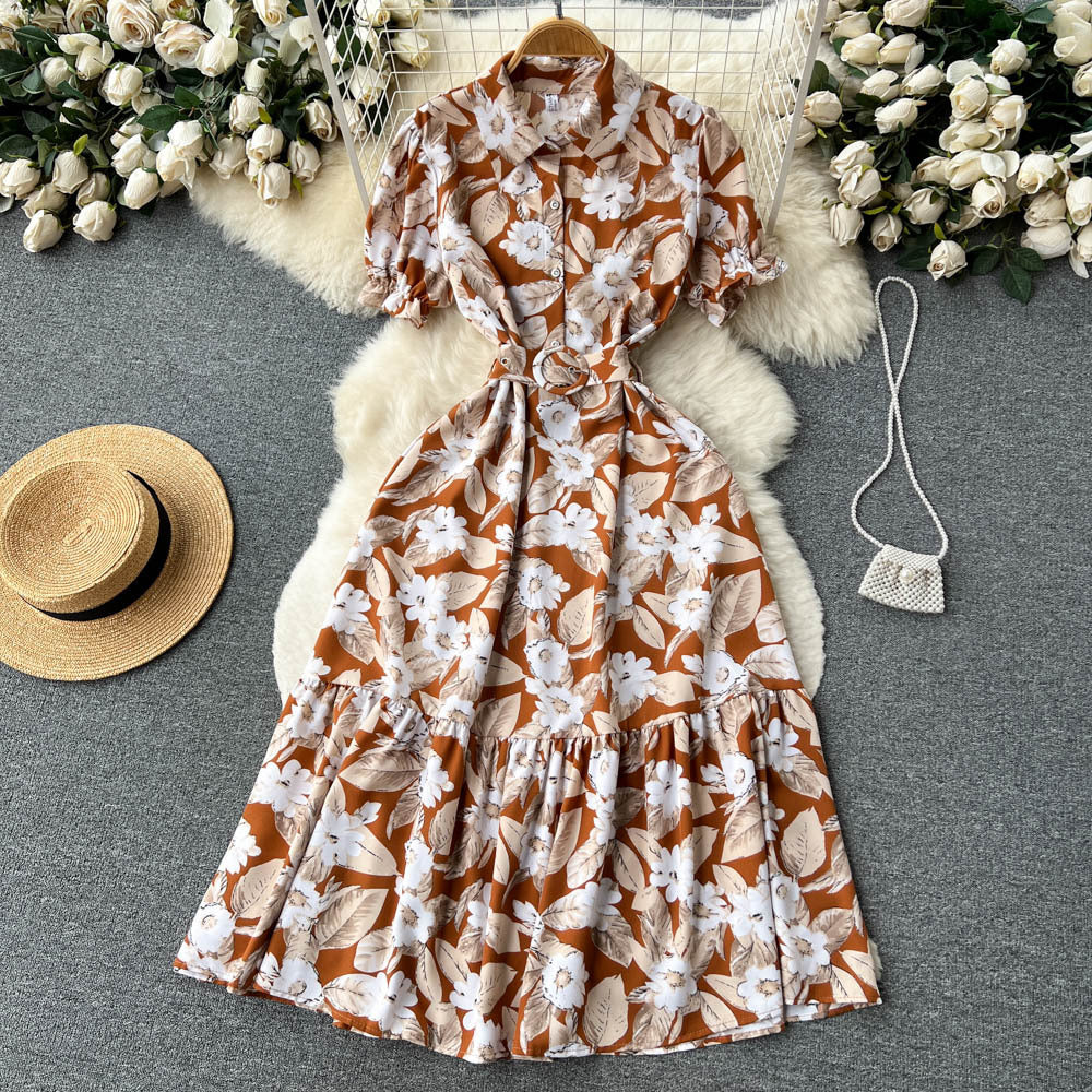 French high-end floral dress women's summer retro style lapel bubble sleeve temperament super fairy coffee break lisianthus skirt