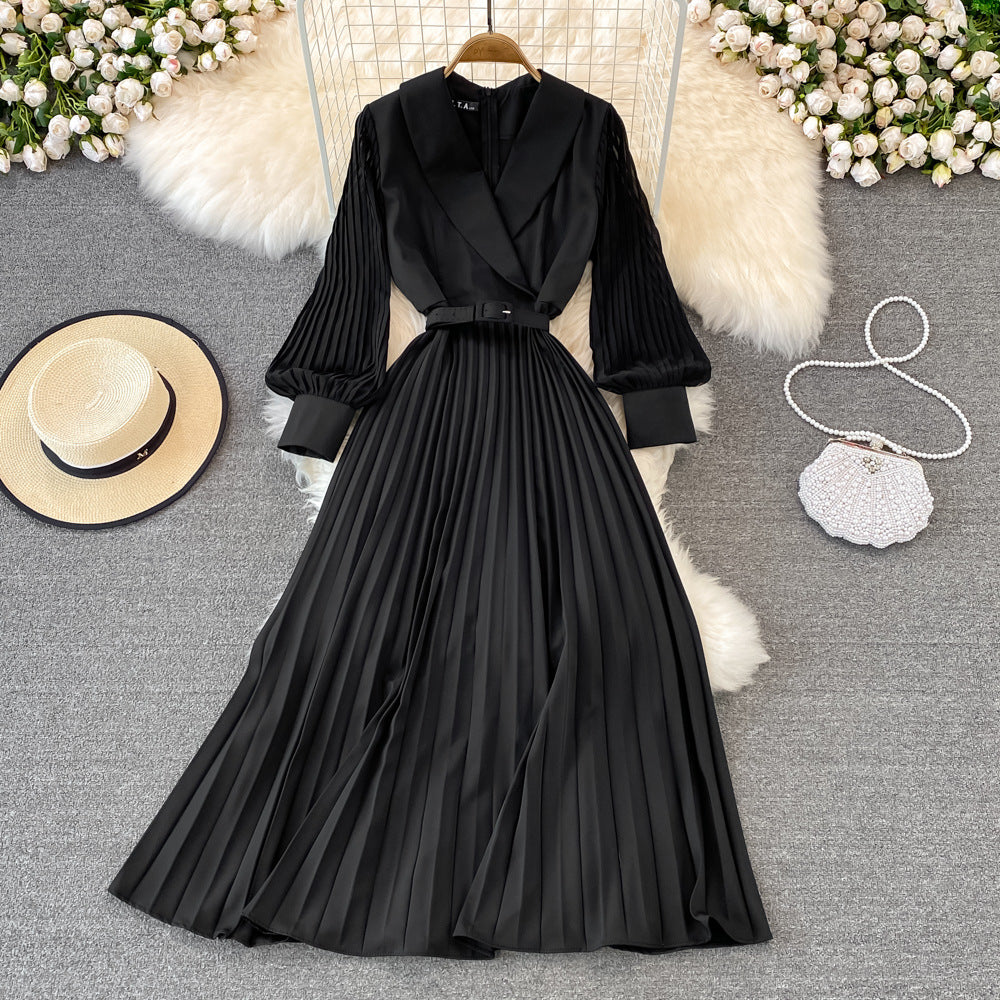 Spring French retro suit collar strap waist thin pleated dress commuter fashion high waist big swing dress