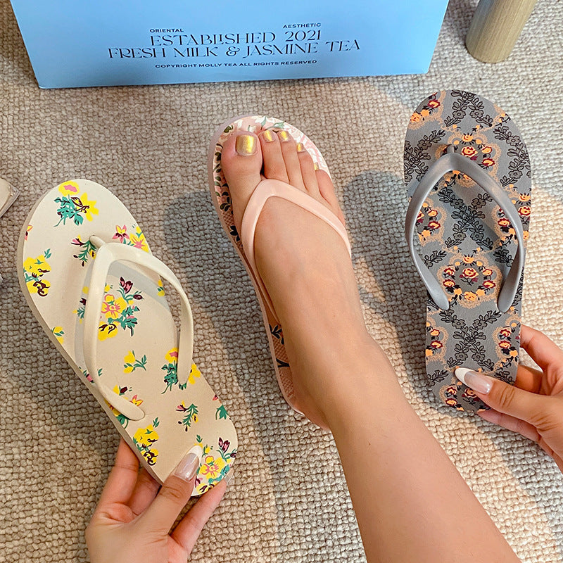Art flower flip-flops women's flat cool slippers summer new fashion swimming pool beach shoes non-slip soft elastic