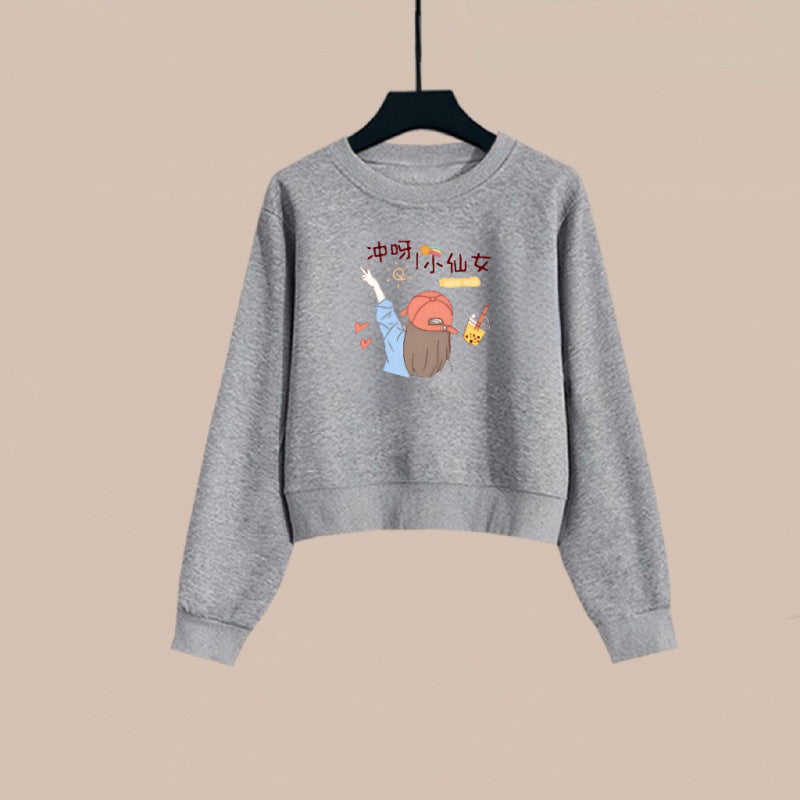 2025 spring and autumn new short crew neck sweater women's spring and autumn outer wear Korean version loose printing small top tide