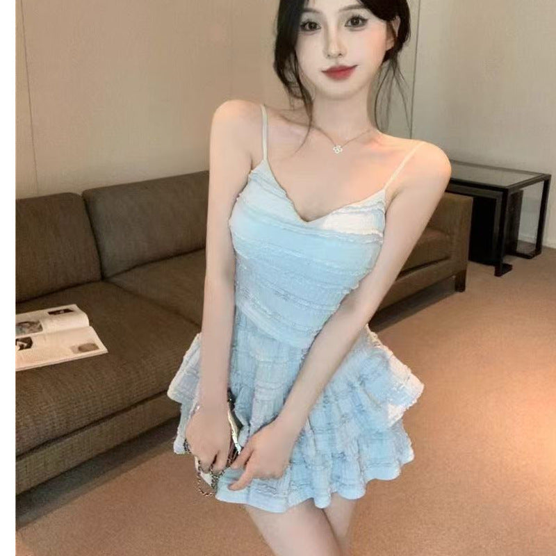 Spice girl two-piece suit skirt women's summer 2025 new short suspender lace top high waist cake skirt