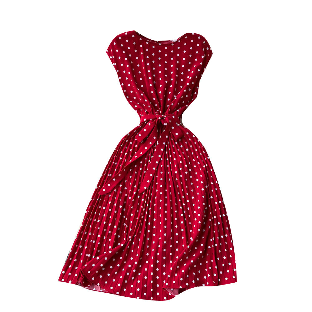 Summer gentle wind coffee break French retro polka dot dress strapped waist thin sweet pleated pendulum skirt