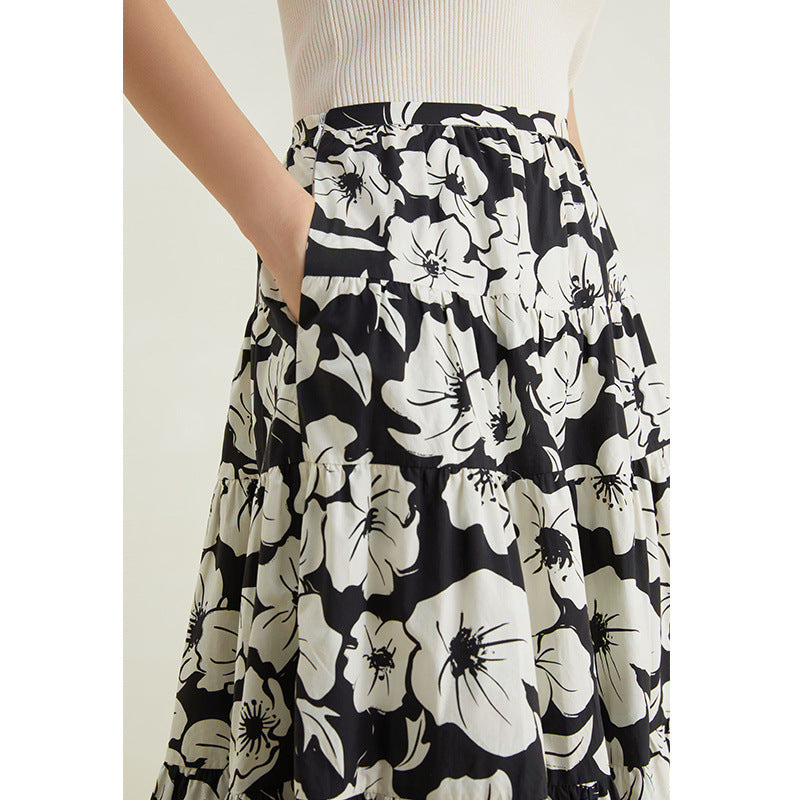 Small big pendulum skirt women's 2025 summer new retro printing meat coverings and thin medium and long skirts