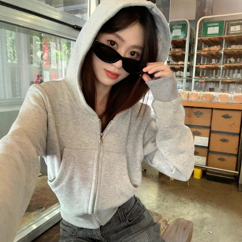 Grey hooded sweater jacket women's early spring 2025 new zipper cardigan short top