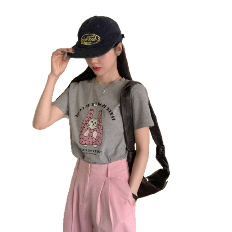 Niche design sense casual T2025 summer new Korean design sense cartoon cat print short-sleeved T-shirt top