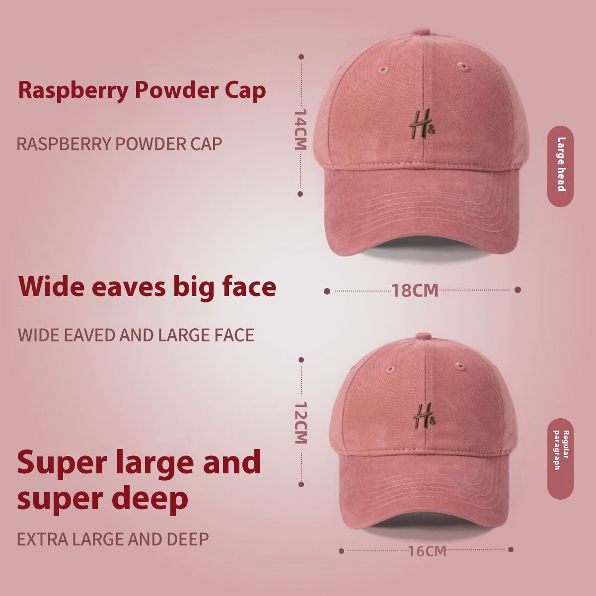 Good version, raspberry powder 2025 new model, big head circumference, small face H letter baseball cap, men's and women's duck tongue sunscreen cap