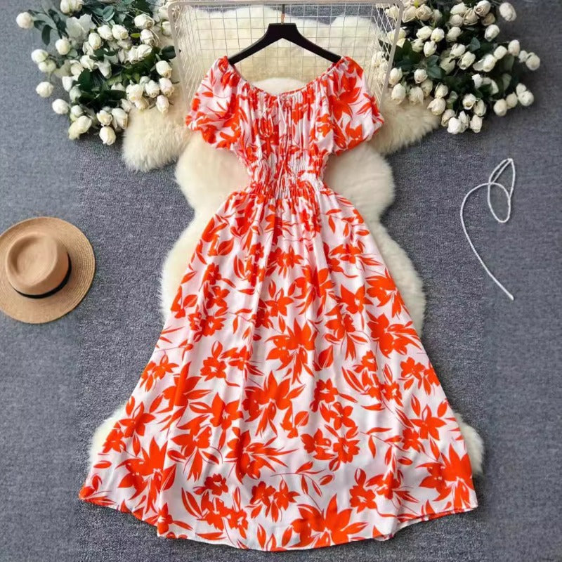 Coffee Break French Retro Crew Neck Lace-Up Bubble Sleeve Waist Printed Dress Women's Skinny Temperament Over Knee Medium Dress