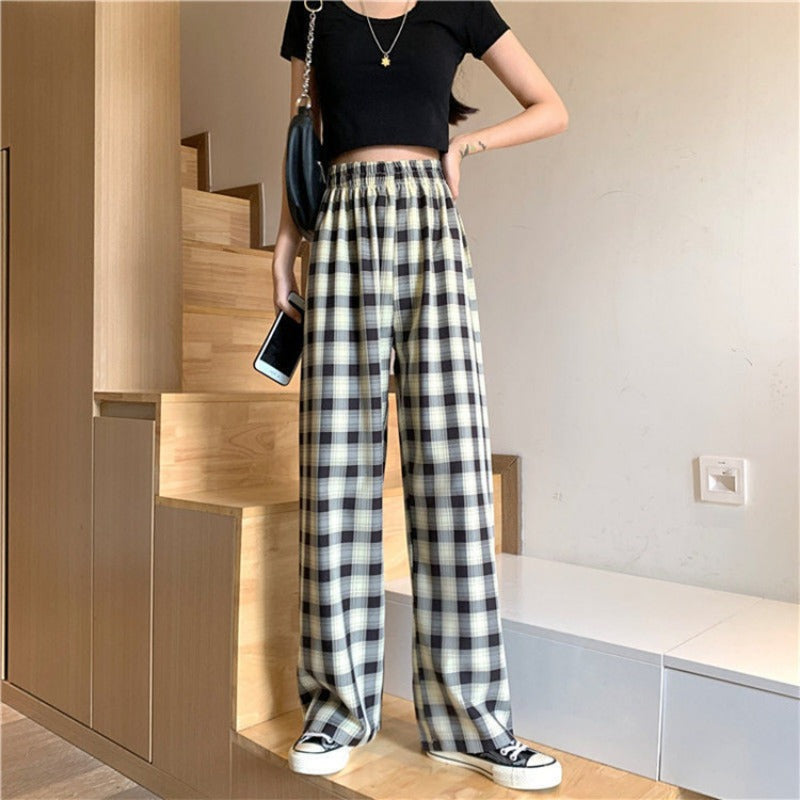 Thin plaid pants women's spring draped straight pants pink loose small pajama pants high waist plaid wide leg pants