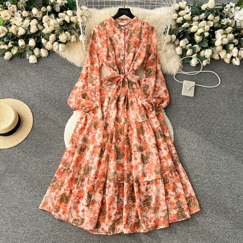 New French floral chiffon dress women's autumn wear new kneee-length dress gentle wind waist gas