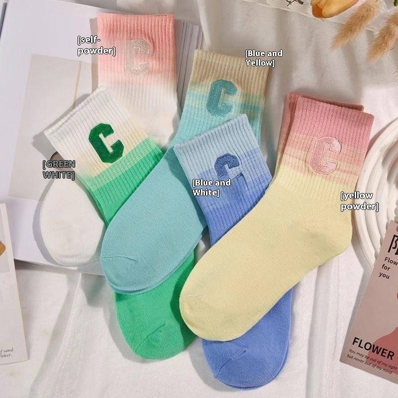 Spring Mid-Calf Sports Socks - Gradient Letter Design, Sweat-Wicking, Breathable, Dopamine Style Unisex Casual Socks