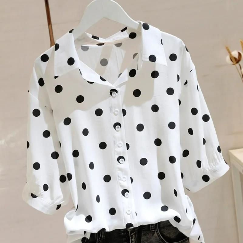 Polka dot shirt women's middle sleeve 20255 spring and summer new loose large size thin versatile French pullover thin shirt tide