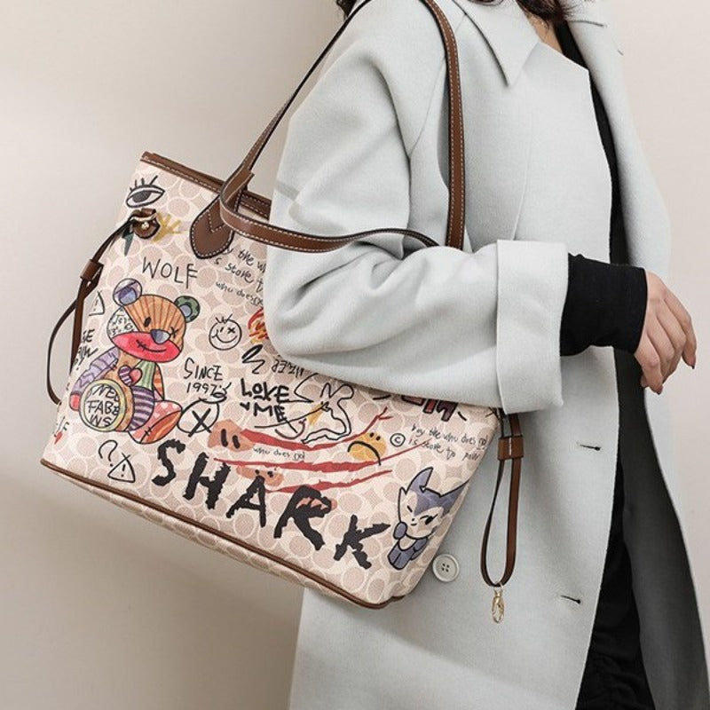 2025 new bag cartoon bear soft skin graffiti printing tote bag handbag large capacity