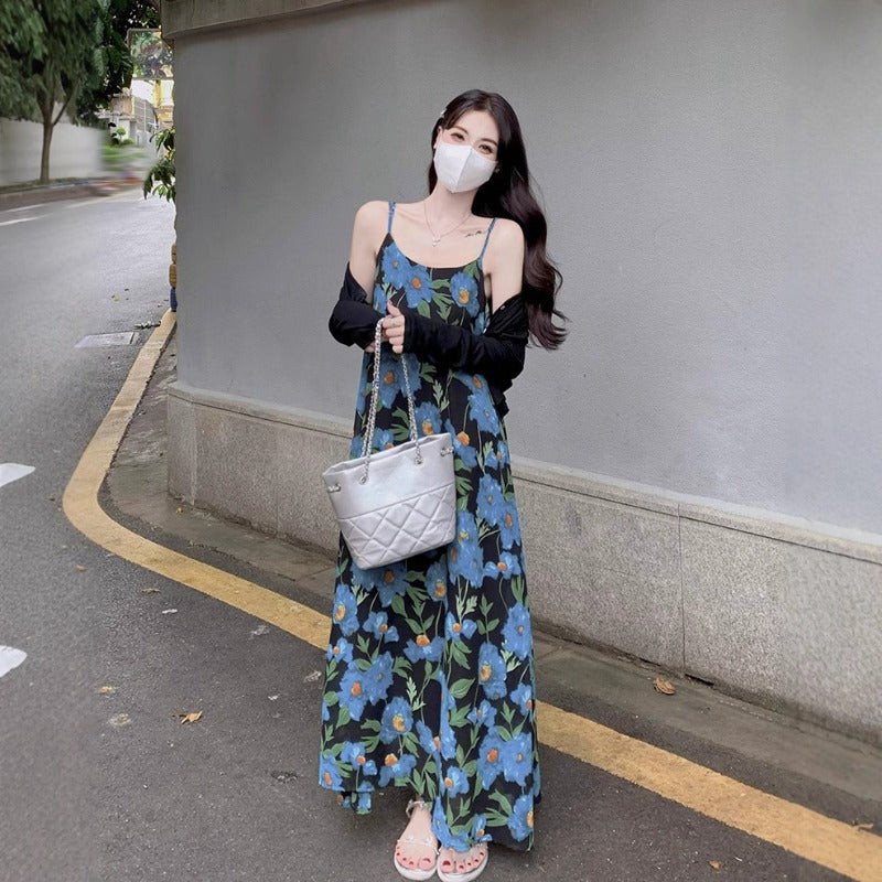 2025 new French seaside vacation dress texture high sense blue color sleeveless suspender dress women's summer