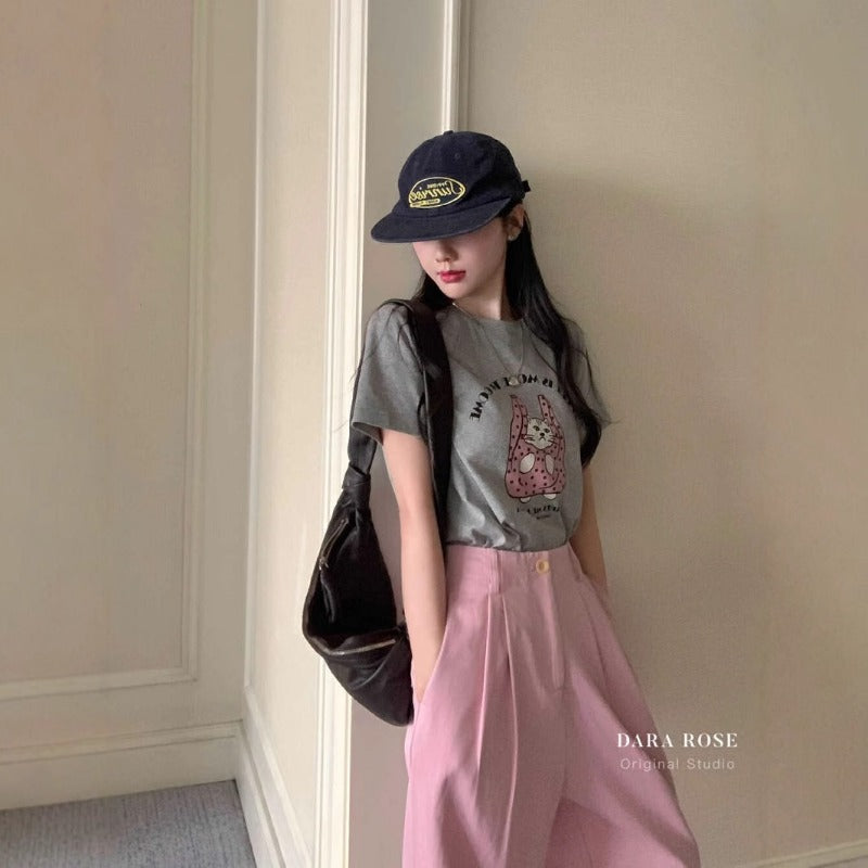 Niche design sense casual T2025 summer new Korean design sense cartoon cat print short-sleeved T-shirt top