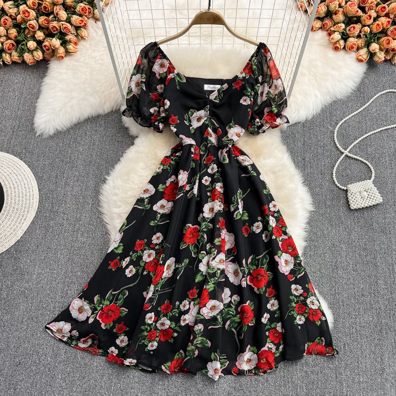 Summer new gentle wind long waist V-neck floral chiffon dress super fairy Mori first love lisianthus skirt