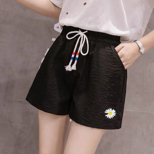 Summer new cotton and linen small daisy sports shorts women's loose and thin high-waisted straight-leg casual pants