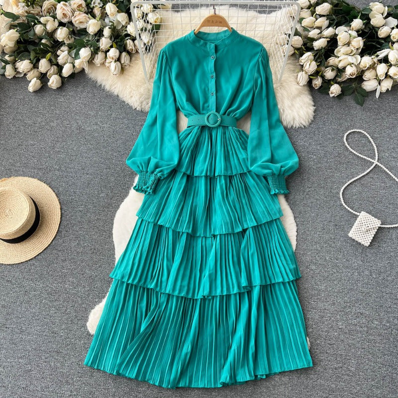 2025 spring and summer new big pendulum long-sleeved chiffon dress women's waist temperament Platycodon coffee break cake long skirt tide