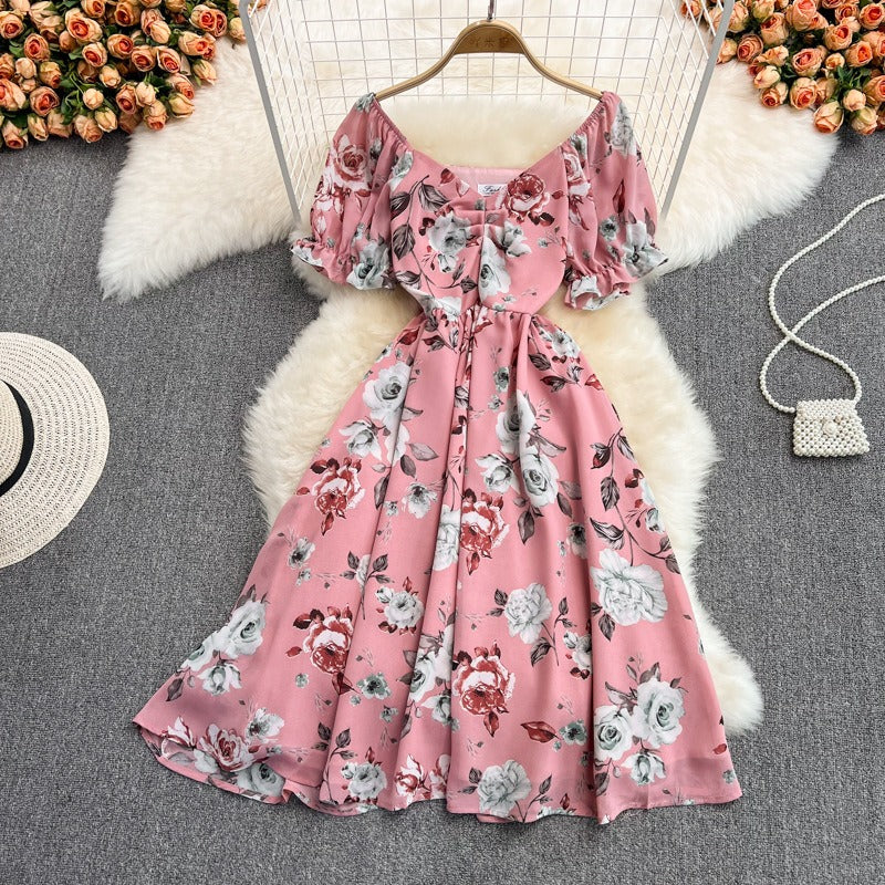 Summer new gentle wind long waist V-neck floral chiffon dress super fairy Mori first love lisianthus skirt