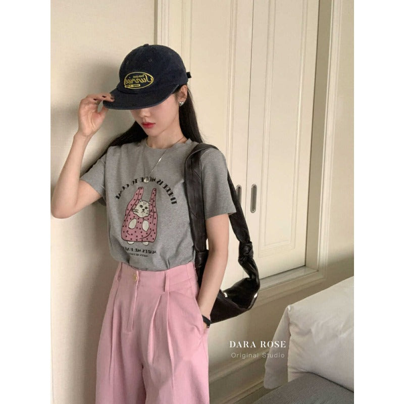 Niche design sense casual T2025 summer new Korean design sense cartoon cat print short-sleeved T-shirt top