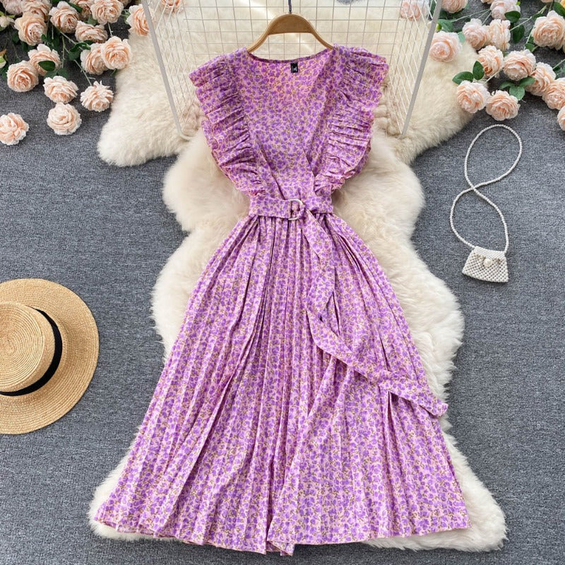 Summer Korean fungus edge girl retro sweet small fresh floral dress space-up waist pleated skirt