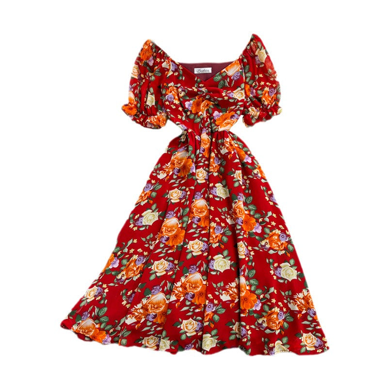 Summer new gentle wind long waist V-neck floral chiffon dress super fairy Mori first love lisianthus skirt