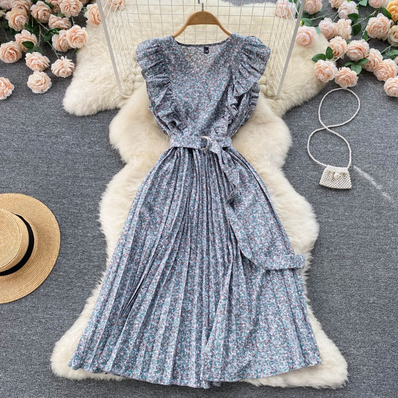 Summer Korean fungus edge girl retro sweet small fresh floral dress space-up waist pleated skirt