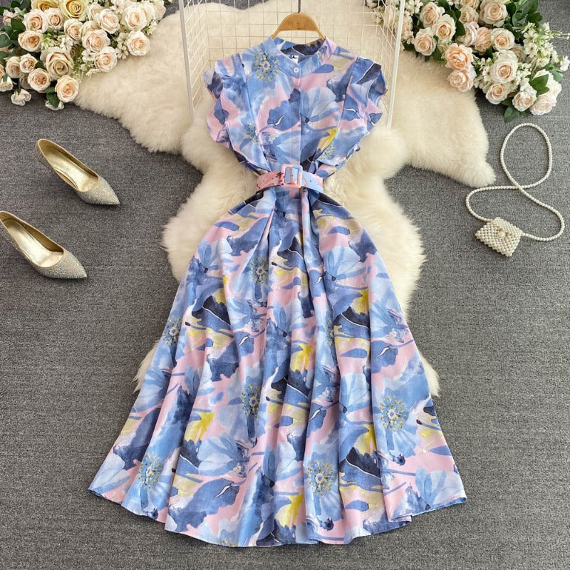 Gentle wind stand-up collar waist and thin printed A-word big pendulum dress 2025 summer high waist elegant temperament long dress