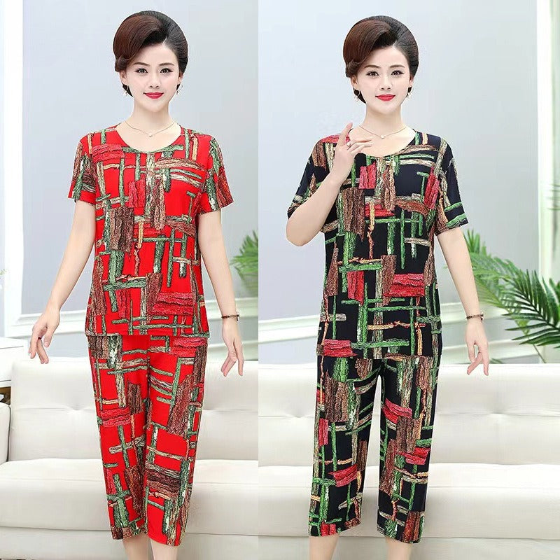 Middle-aged and elderly mother summer two-piece suit middle-aged women's suit women's suit middle-aged and elderly suit