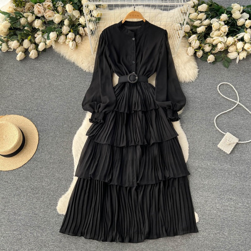 2025 spring and summer new big pendulum long-sleeved chiffon dress women's waist temperament Platycodon coffee break cake long skirt tide