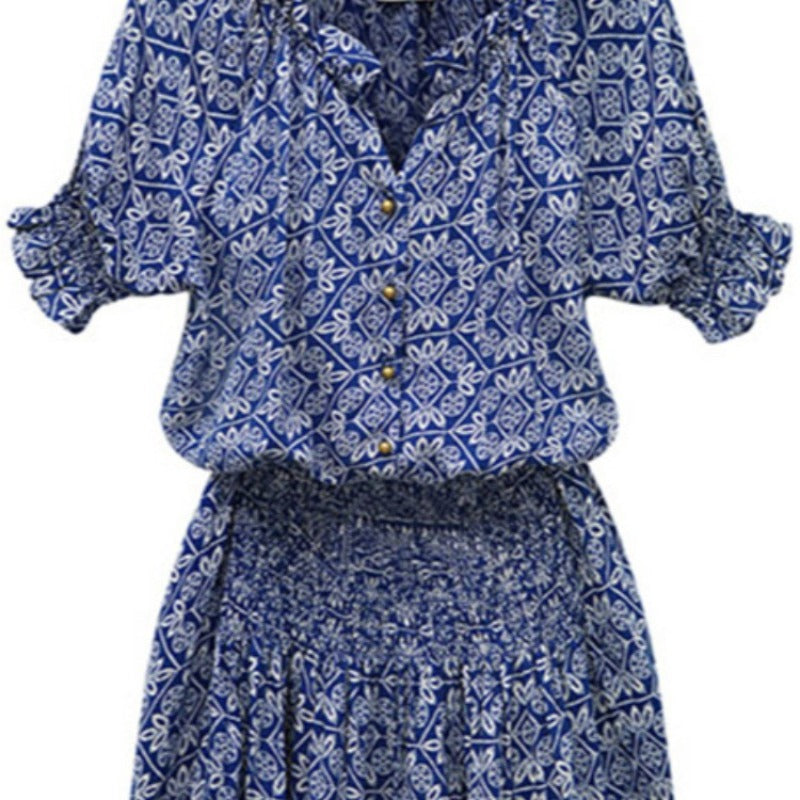 New short-sleeved printed cotton casual versatile V-neck dress