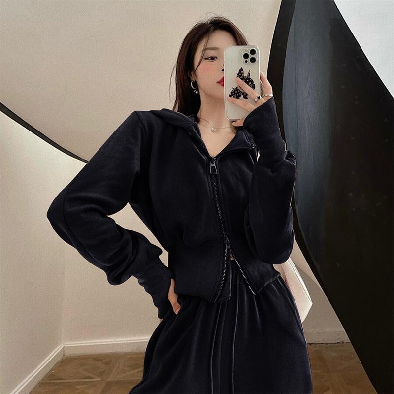 Casual sports suit women's 2025 early spring new Korean version hooded jacket high waist drawstring leggings two-piece set