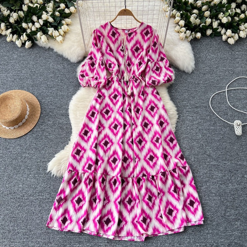 French retro bubble sleeve floral dress women's summer strap waist design sense light luxury temperament big swing dress