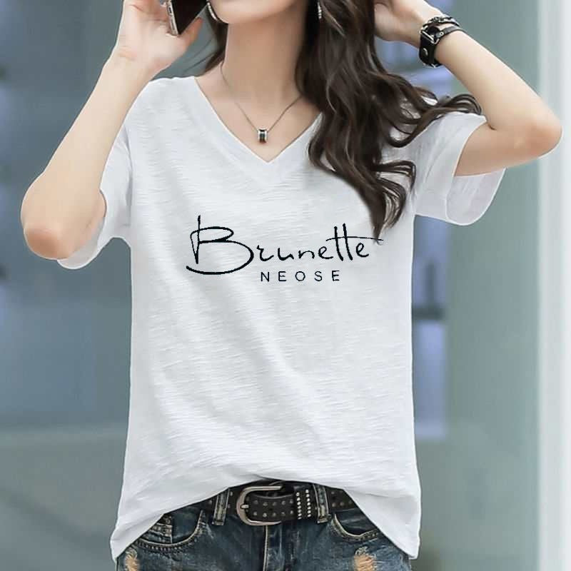 2025 summer new versatile thin bamboo cotton V-neck printed letter T-shirt short-sleeved Korean version loose large size top