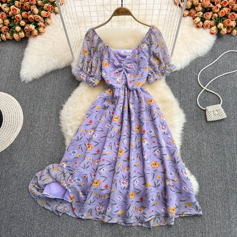 Summer new gentle wind long waist V-neck floral chiffon dress super fairy Mori first love lisianthus skirt