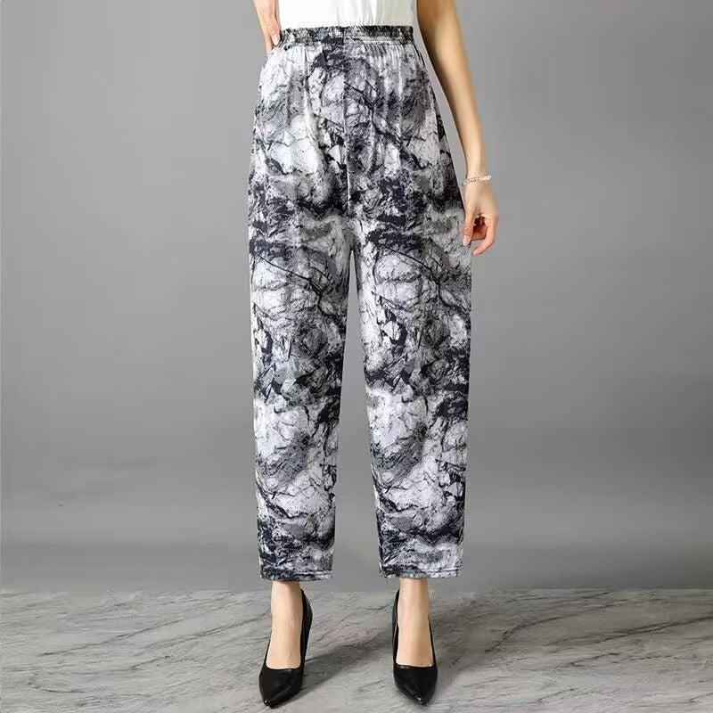 Summer wholesale women's middle-aged and elderly casual loose elastic ice silk pants breathable and fattened mother nine-point pants