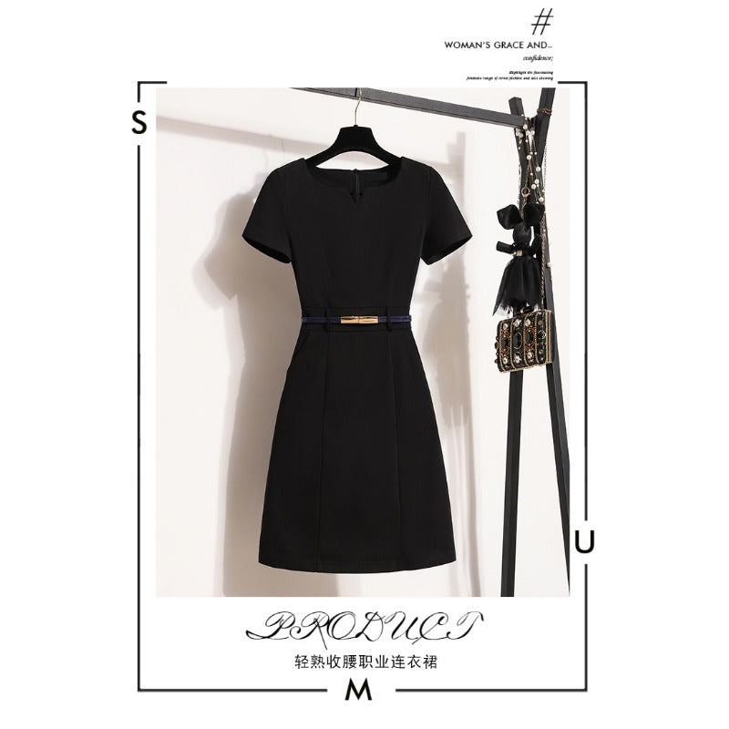 Professional suit skirt temperament V-neck beauty jewelry sales work clothes A-word black waist dress