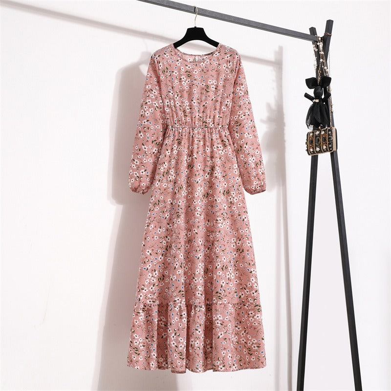 2025 spring new European and American floral long dress round neck long sleeve waist thin A-shaped dress