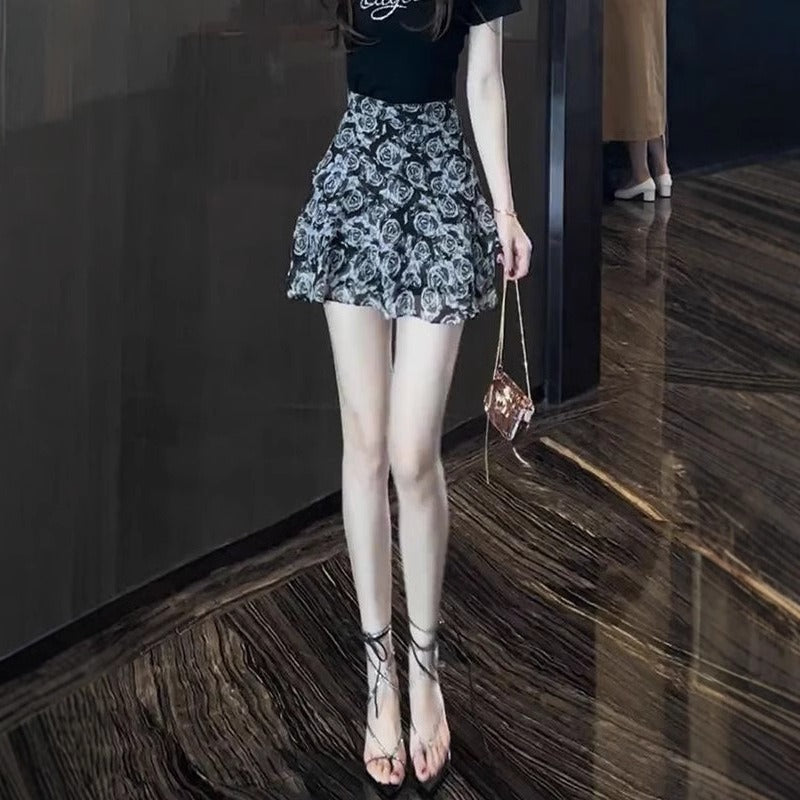 Foreign style high waist and thin ruffle edge floral skirt women's summer new retro French temperament versatile skirt