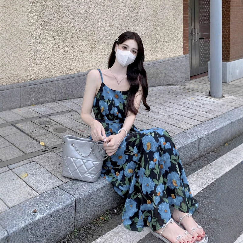 2025 new French seaside vacation dress texture high sense blue color sleeveless suspender dress women's summer