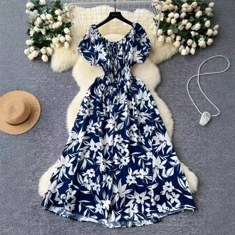 Coffee Break French Retro Crew Neck Lace-Up Bubble Sleeve Waist Printed Dress Women's Skinny Temperament Over Knee Medium Dress