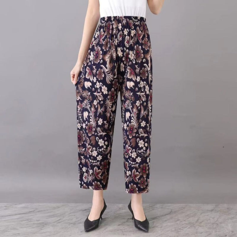 Summer wholesale women's middle-aged and elderly casual loose elastic ice silk pants breathable and fattened mother nine-point pants