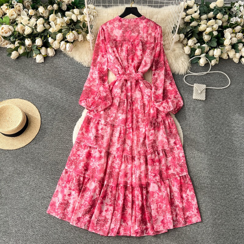 New French floral chiffon dress women's autumn wear new kneee-length dress gentle wind waist gas