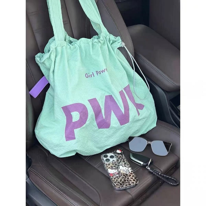 Ins Lazy Wind French Bag Women's Drawstring Large Capacity Portable Shoulder Bag Letter Out Shopping Bag Tote Bag