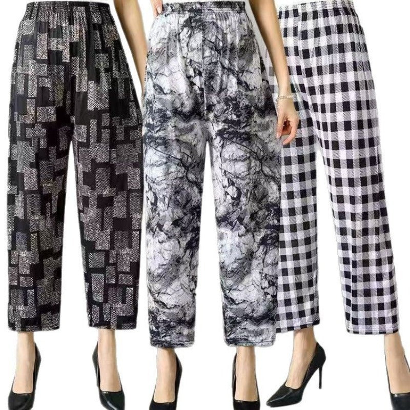 Summer wholesale women's middle-aged and elderly casual loose elastic ice silk pants breathable and fattened mother nine-point pants